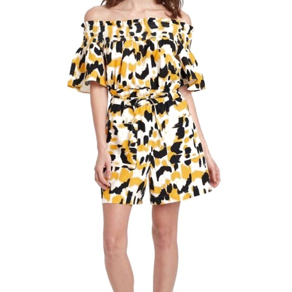 WWW NWT Linen Short Sleeve Smocked Bardot Top Cheetah Geometric Print S - Picture 8 of 13